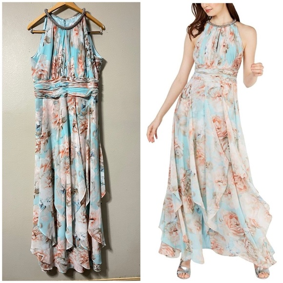 Calvin Klein Dresses & Skirts - Calvin Klein Floral Maxi Long Flowy Beaded Neck Halter Party Wedding Dress Sz 12